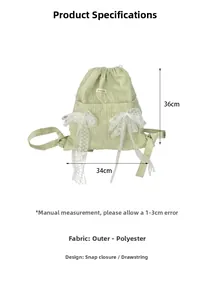 Detailed view of light green drawstring backpack with two white lace floral bow accents