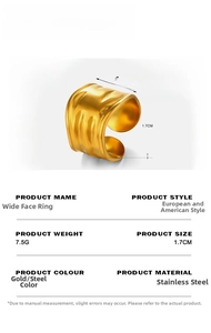 Detailed view of 1.6cm wide irregular stainless steel ring with size and weight specs