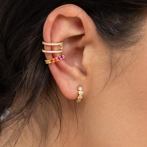Rainbow gemstone and clear zircon 18K gold plated cuff earring set on female model