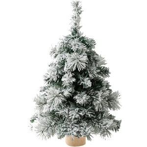 Mini tabletop flocked Christmas tree with snow effect and natural wooden base for decor
