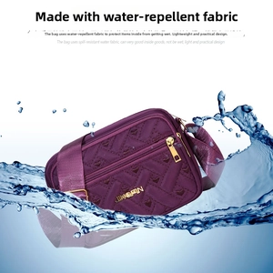 Detailed view of water-resistant nylon fabric with quilted heart patterns on purple bag