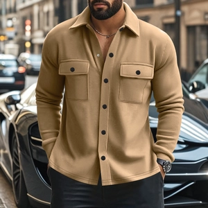 Detailed close-up of khaki slim fit jacket with dual chest pockets and contrast buttons