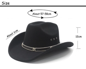 Detailed dimensions of black denim jazz hat with side eyelets and decorative belt