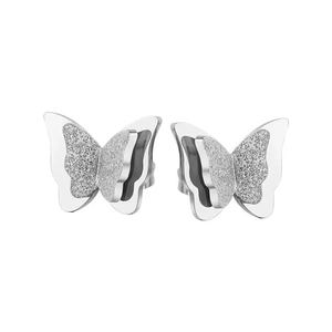 Detailed view of silver bow earrings featuring frosted glitter and mirror finish petals