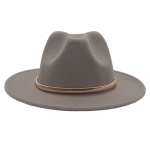 Detailed view of dark grey wool fedora hat with elegant gold metal ring band decoration
