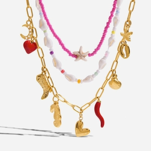 Stainless Steel Necklace Women Waterproof Shell Beads Multi Pendant Seahorse Heart Starfish French Retro Boho Jewelry