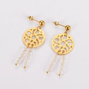 Detail of gold dreamcatcher earrings featuring hollow circular pendants and beaded tassels