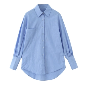 Women Striped Shirt Combed Cotton Long Sleeve Button Down Blouse Asymmetric High Low Hem Loose Casual Elegant Top