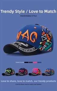Detail of embroidered letters and color-block design on stylish baseball caps