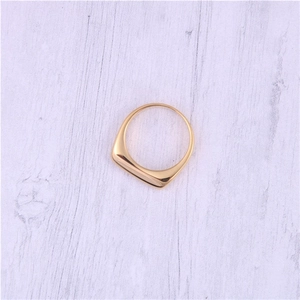 Detailed top view of a polished 18K gold plated stainless steel signet ring on wood