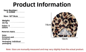 Leopard print baby turban hat showing 18x19cm dimensions and detailed fabric specs