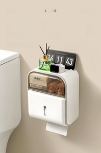 Wall-mounted tissue box featuring a phone holder and top shelf for bathroom storage
