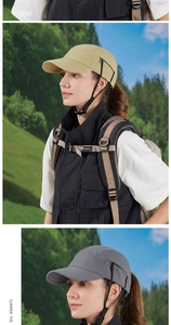 Outdoor sun visor cap detail with adjustable windproof drawstring and breathable fabric