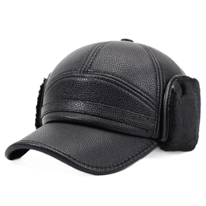 Winter faux leather baseball cap with thickened earflaps and plush lining for cold weather