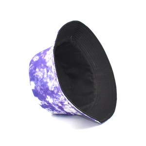 Purple and white tie-dye bucket hat with double-sided black lining for sun protection