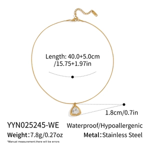 Detail of 18K gold plated stainless steel necklace with size specs and triangle zircon