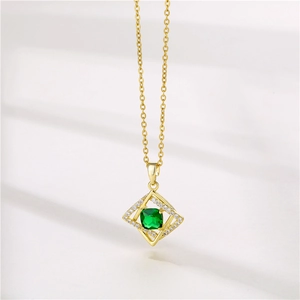 Golden stainless steel necklace with green square gemstone in a diamond-shaped frame