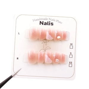 Pink gradient press-on nails set with 3D pearls, shell flakes and silver glitter