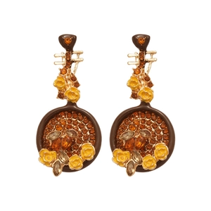Lute-shaped drop earrings with floral accents and crystals in vintage Chinese style