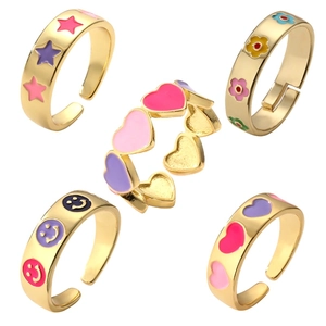 Open Adjustable Ring Copper Colorful Enamel Heart Smiley Face Star Flower Zircon Fashion Jewelry For Women