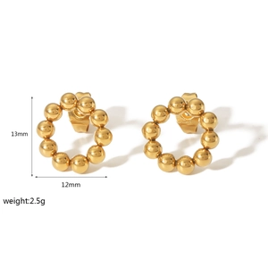 Gold plated stainless steel beaded hoop earrings 13mm with polished metal spheres