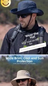 Detail of 8cm wide brim outdoor sun hat featuring breathable fabric and windproof cord