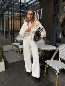 Survêtement Pour Femme Avec Sweat à Capuche Court Zippé Et Pantalon Droit à Taille Haute Top And Bottom Coton Chaud Casual