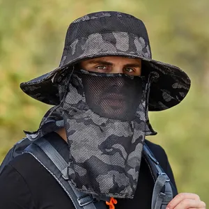 Men's camouflage sun hat with face cover and neck flap for outdoor fishing and hiking