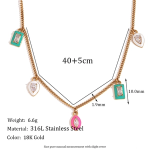 Gold plated stainless steel rectangular pendant necklace with colorful zircon and enamel