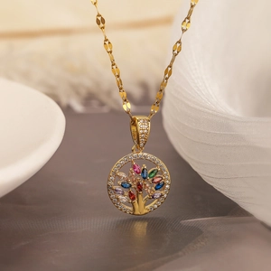Tree Of Life Round Pendant Necklace Copper Gold Plated With Colorful Marquise Zircon Jewelry For Women