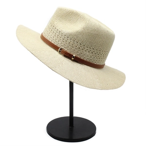 Classic beige woven straw fedora hat featuring a brown leather belt with a gold buckle