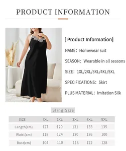Size chart for women's plus size black silk sleepwear set featuring nightgown and robe