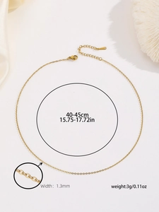 Detail view of gold Virgin Mary pendant chain with size metrics 40-45cm and 1.3mm width