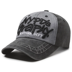 Retro washed grey baseball cap featuring 3D NYPD embroidery and street style details