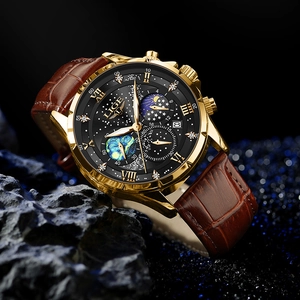 Orologio al quarzo impermeabile LIGE oro con cinturino in pelle marrone