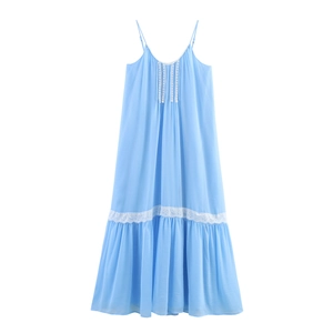 Women Maxi Dress Chiffon Spaghetti Straps White Lace Patchwork Ruffled Pleated High Waist Sweet Elegant Light Blue