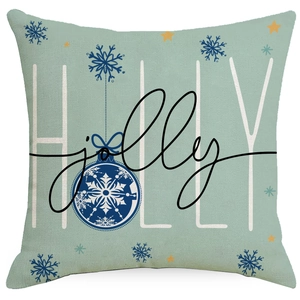 Teal Christmas pillow cover with snowflake prints and HOLLY jolly holiday design