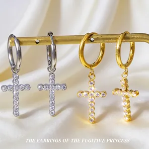 Titanium Steel Zirconia Cross Pendant Earrings For Women Gold Silver Electroplated Elegant Fashion Jewelry Drop Earrings
