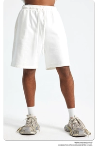 Detailed close-up of white 420g french terry cotton shorts with adjustable drawstring