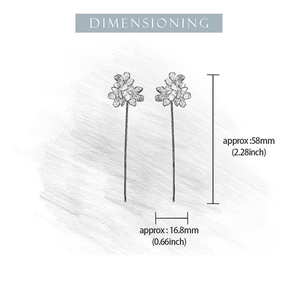 Technical sketch of forget-me-not S925 silver earrings with 58mm by 16.8mm dimensions