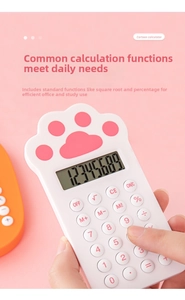 Close-up of cute cat paw calculator with pink buttons and 8-digit display function