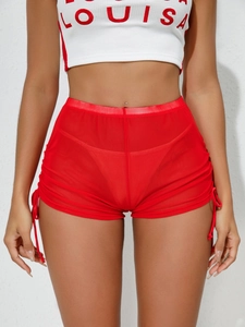 Short En Maille Transparente Pour Femmes Taille Haute Froncé Cordon De Serrage Bikini Cover Up Plage Rave Festival