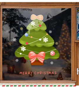 Detailansicht von grünem Weihnachtsbaum-Fensteraufkleber mit roten Schleifen