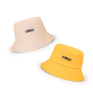 Beige and yellow cotton bucket hats with black Gothic ANGEL embroidery for sun protection