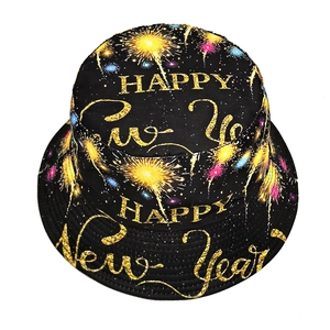 Retro black bucket hat featuring gold Happy New Year text and colorful fireworks print