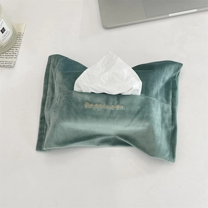 Close-up of Morandi green velvet tissue bag featuring golden Happiness embroidery