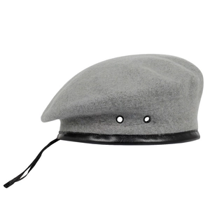 Grey wool felt beret with black leather brim and tie detailing for men and women