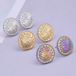 Macro detail of geometric 304 stainless steel earrings with radial texture and beaded edge