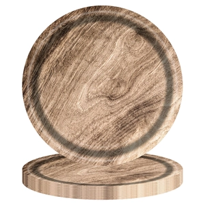 Detailed view of two round dark brown wooden coasters with natural rustic grain patterns