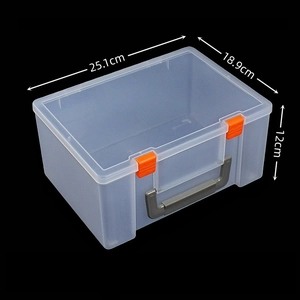 Dettagli dimensioni scatola in plastica trasparente con chiusure arancioni e manico